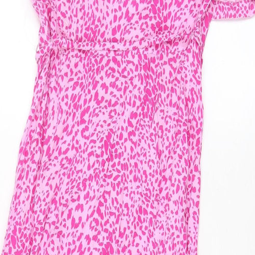 Marks and Spencer Womens Pink Geometric Viscose A-Line Size 10 Collared Button - Belted