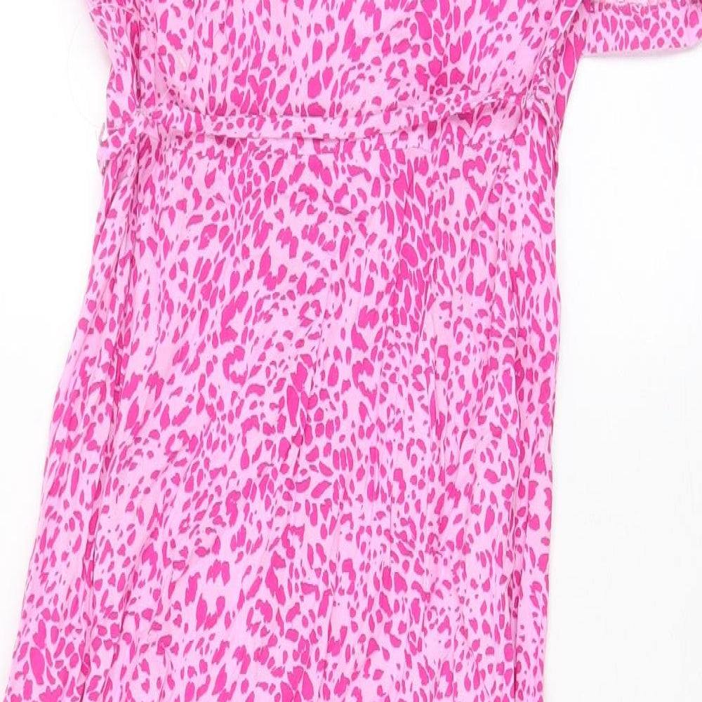 Marks and Spencer Womens Pink Geometric Viscose A-Line Size 10 Collared Button - Belted