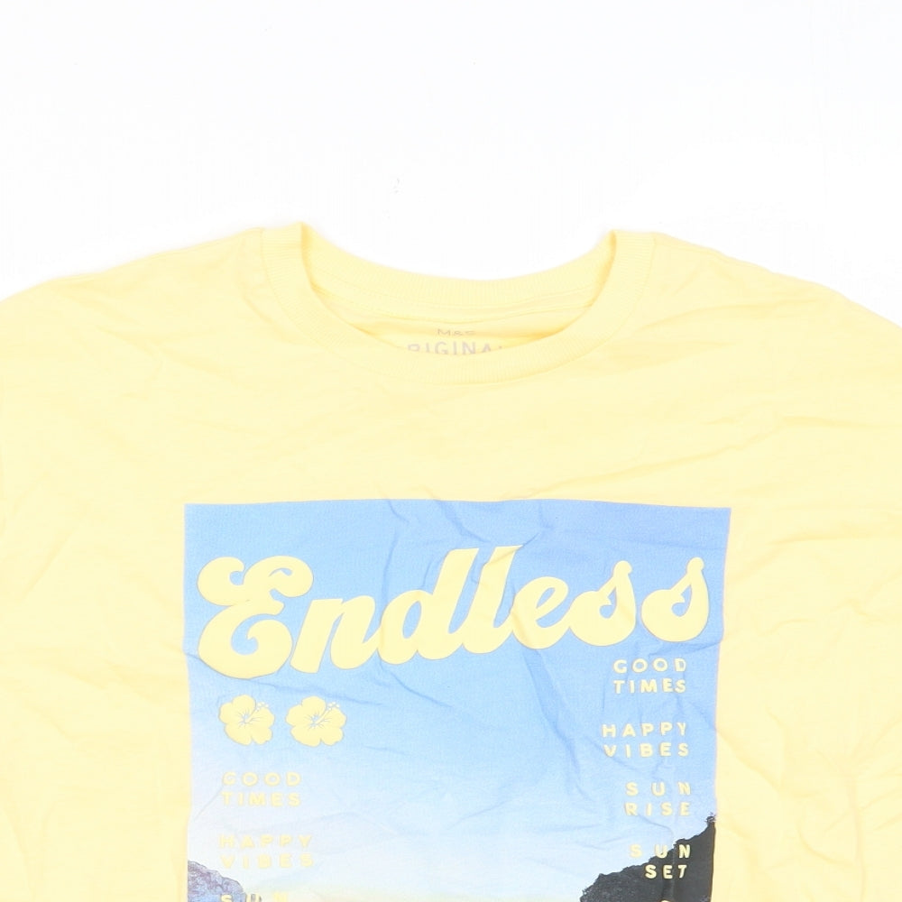 Marks and Spencer Boys Yellow Cotton Basic T-Shirt Size 10-11 Years Crew Neck Pullover - Summer