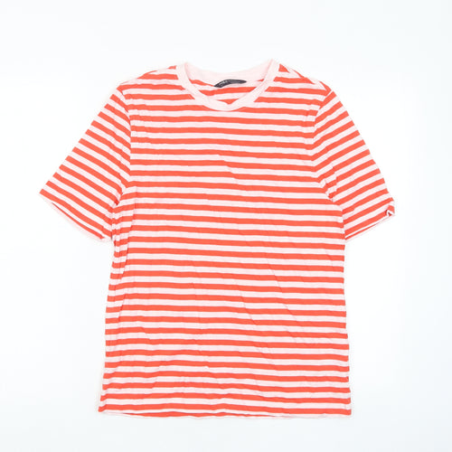 Marks and Spencer Womens Red Striped Cotton Basic T-Shirt Size 8 Crew Neck