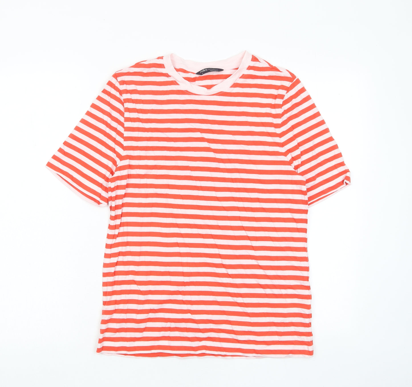 Marks and Spencer Womens Red Striped Cotton Basic T-Shirt Size 8 Crew Neck