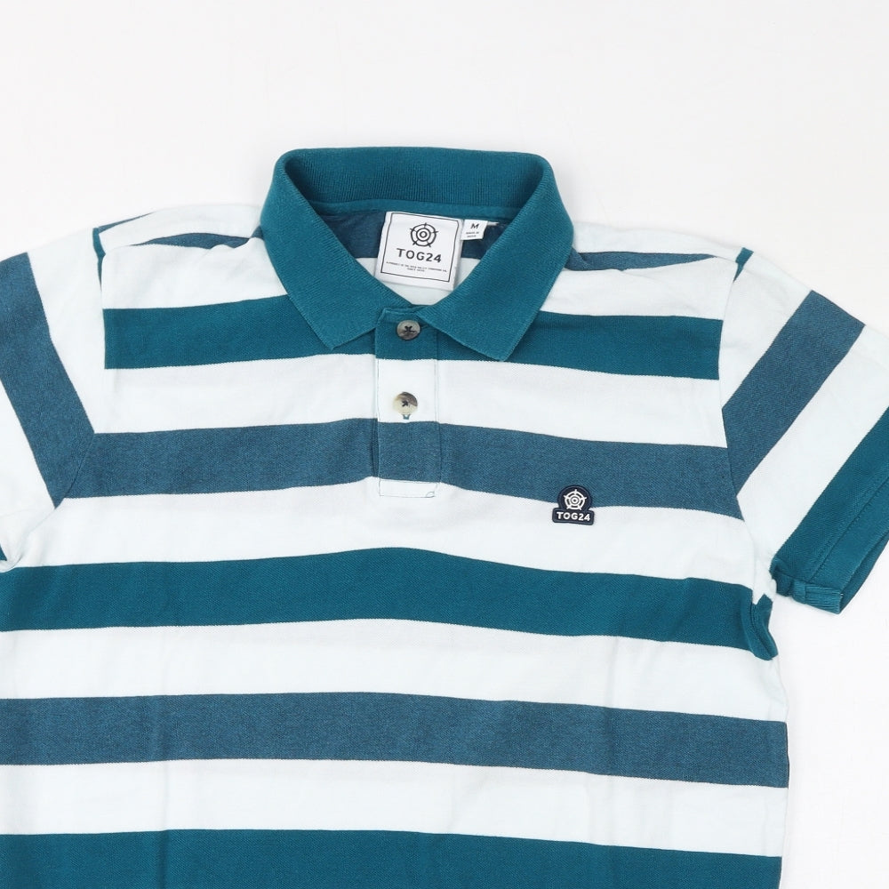 TOG24 Mens Blue Striped Cotton Polo Size M Collared Pullover