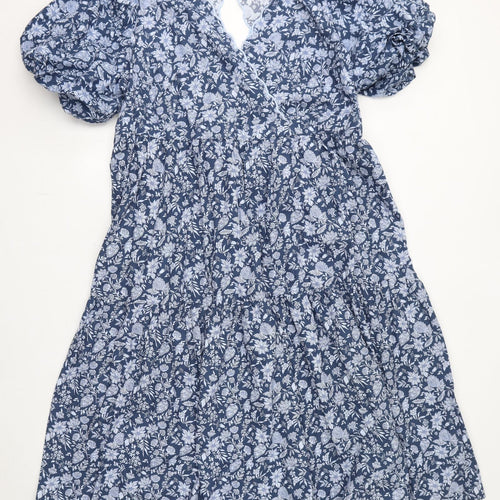 Marks and Spencer Womens Blue Floral Cotton A-Line Size 20 V-Neck Button