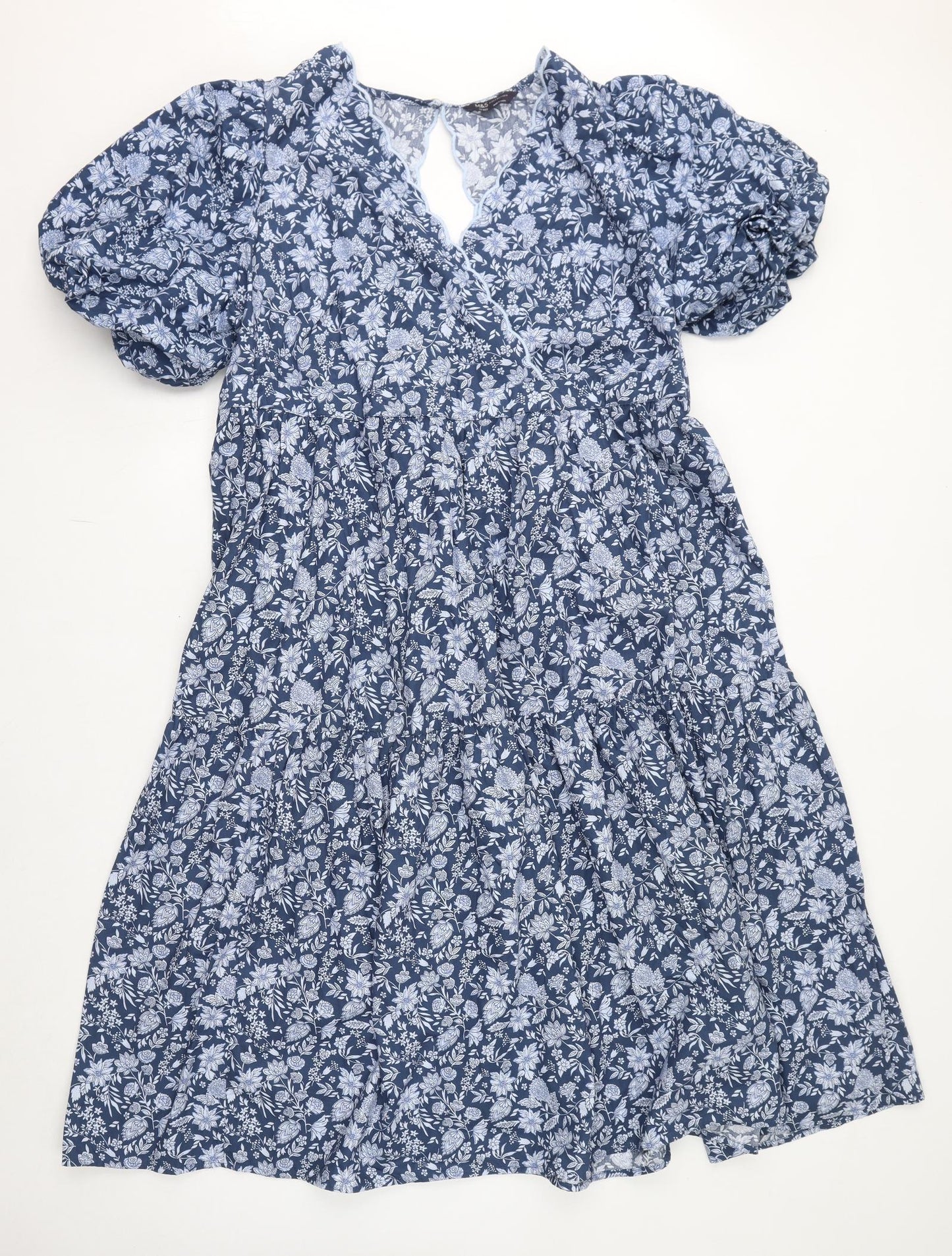 Marks and Spencer Womens Blue Floral Cotton A-Line Size 20 V-Neck Button