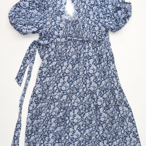 Marks and Spencer Womens Blue Floral Cotton A-Line Size 20 V-Neck Button
