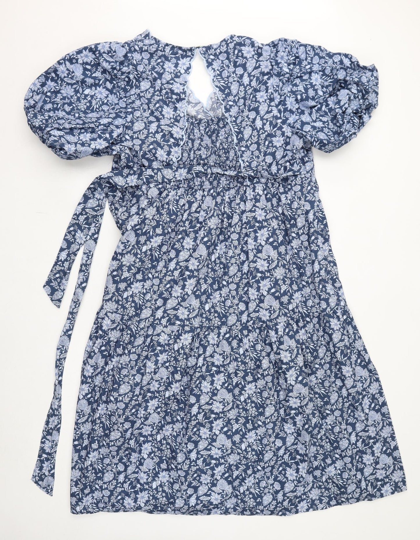 Marks and Spencer Womens Blue Floral Cotton A-Line Size 20 V-Neck Button