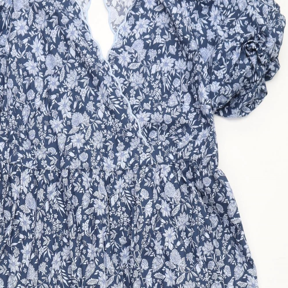 Marks and Spencer Womens Blue Floral Cotton A-Line Size 20 V-Neck Button