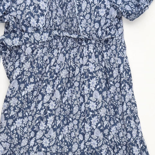 Marks and Spencer Womens Blue Floral Cotton A-Line Size 20 V-Neck Button