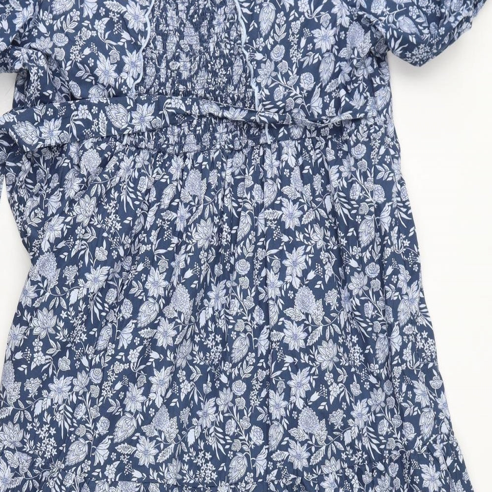Marks and Spencer Womens Blue Floral Cotton A-Line Size 20 V-Neck Button