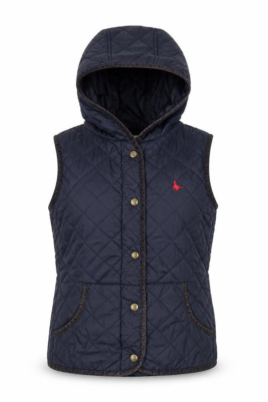 Front view of Jack Wills women’s blue gilet jacket, size UK 8, button - quilted, hooded