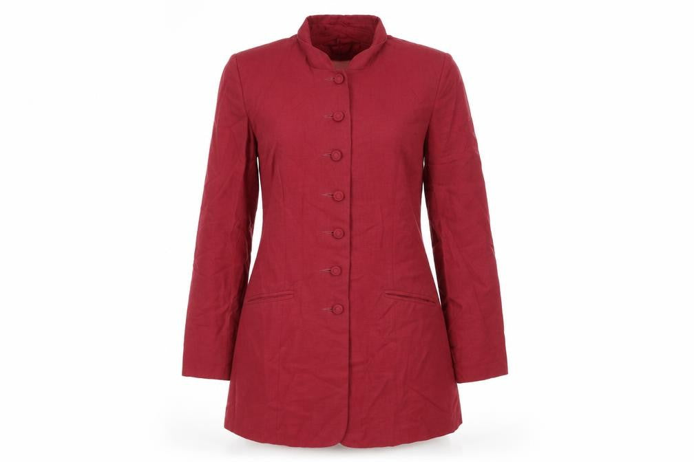 Front view of Monsoon women’s red overcoat coat, size UK 10, button