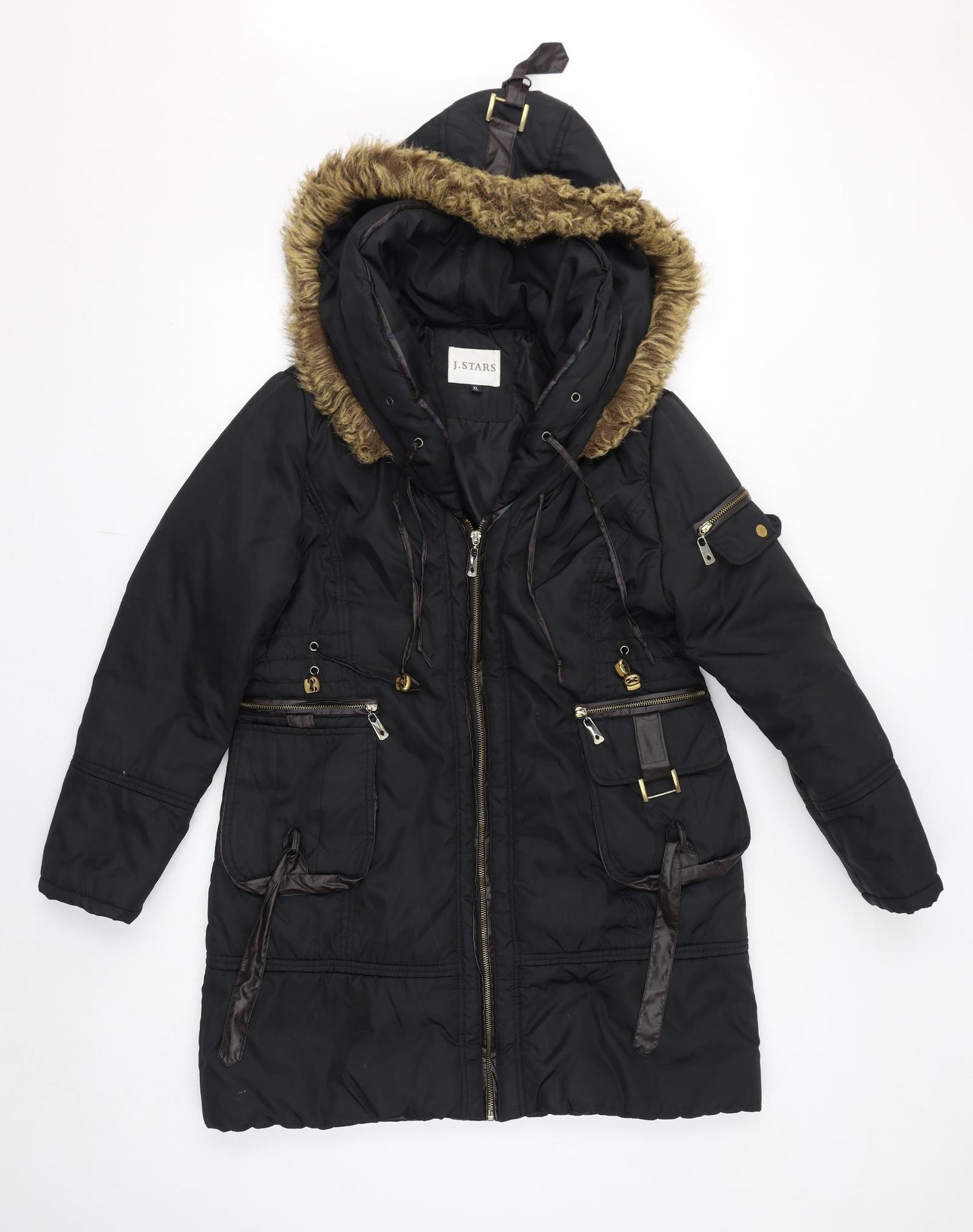 J. Stars Womens Black Parka Coat Size XL Zip - Faux Fur Hood