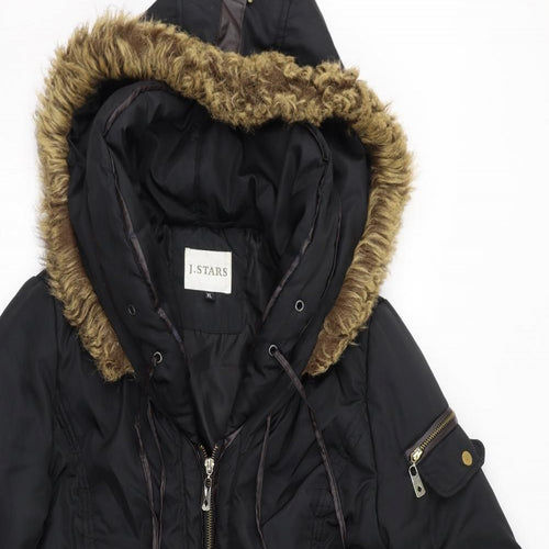 J. Stars Womens Black Parka Coat Size XL Zip - Faux Fur Hood