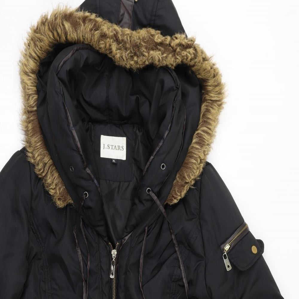 J. Stars Womens Black Parka Coat Size XL Zip - Faux Fur Hood