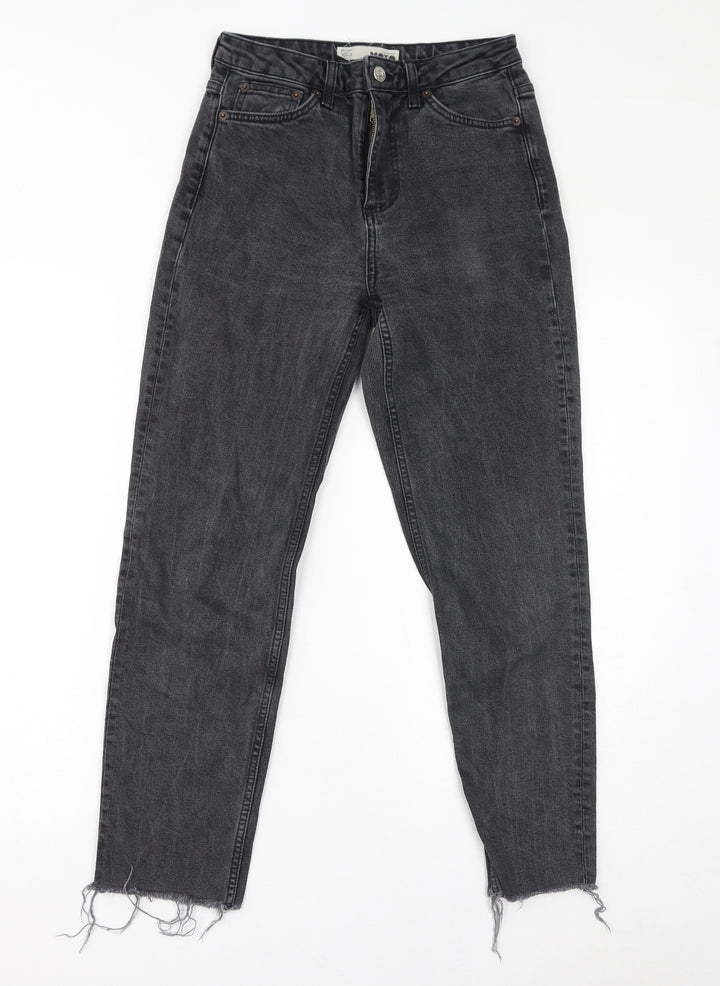 Topshop Womens Black Cotton Mom Jeans Size 26 L32 in Regular Zip - Distressed Hem