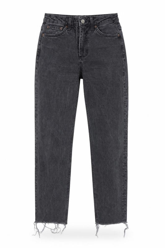 Front view of Topshop women’s black cotton mom jeans, size UK 26, 32-inch leg regular zip - distressed hem