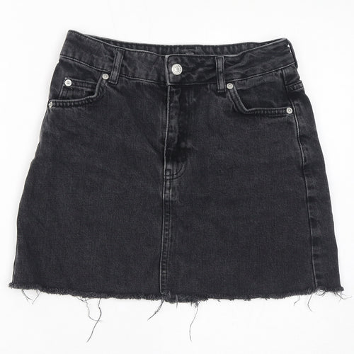Topshop Womens Black Cotton A-Line Skirt Size 8 Zip - Distressed Hem