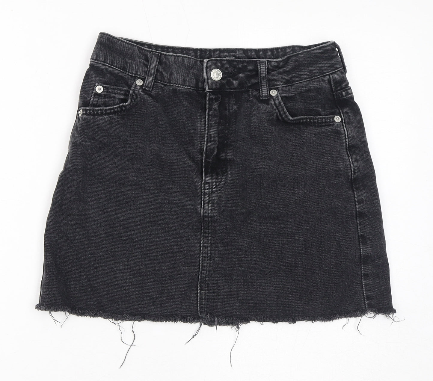 Topshop Womens Black Cotton A-Line Skirt Size 8 Zip - Distressed Hem