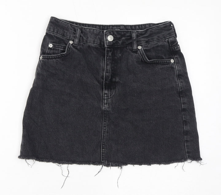 Topshop Womens Black Cotton A-Line Skirt Size 8 Zip - Distressed Hem