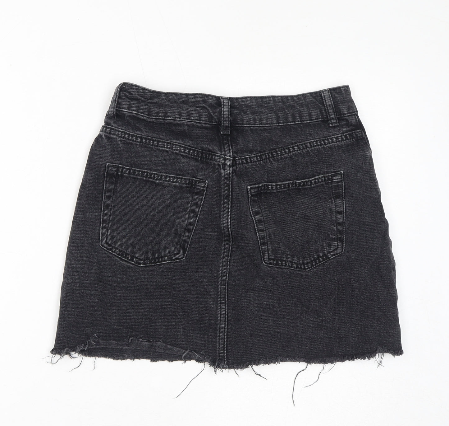 Topshop Womens Black Cotton A-Line Skirt Size 8 Zip - Distressed Hem