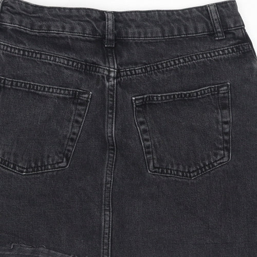 Topshop Womens Black Cotton A-Line Skirt Size 8 Zip - Distressed Hem
