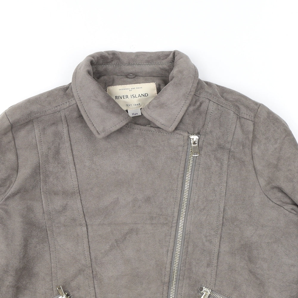 River Island Girls Brown Biker Jacket Size 11 Years Zip