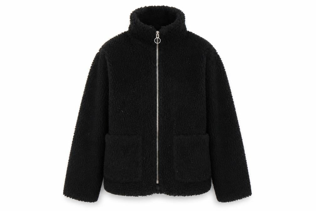 Front view of Topshop women’s black jacket, size S, zip - teddy bear style