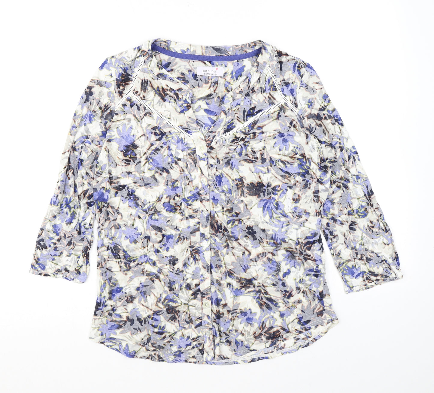 Per Una Womens Ivory Floral Cotton Basic Blouse Size 14 V-Neck