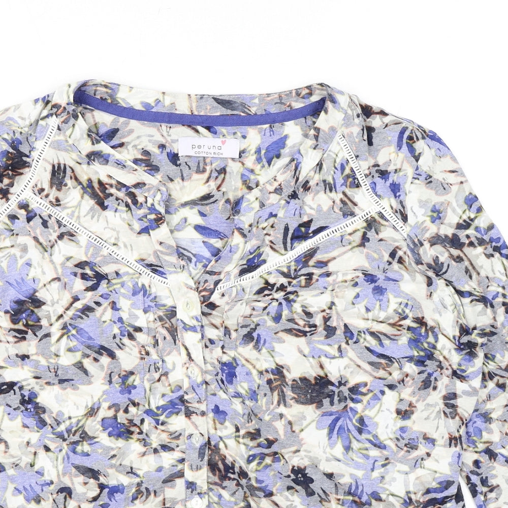 Per Una Womens Ivory Floral Cotton Basic Blouse Size 14 V-Neck