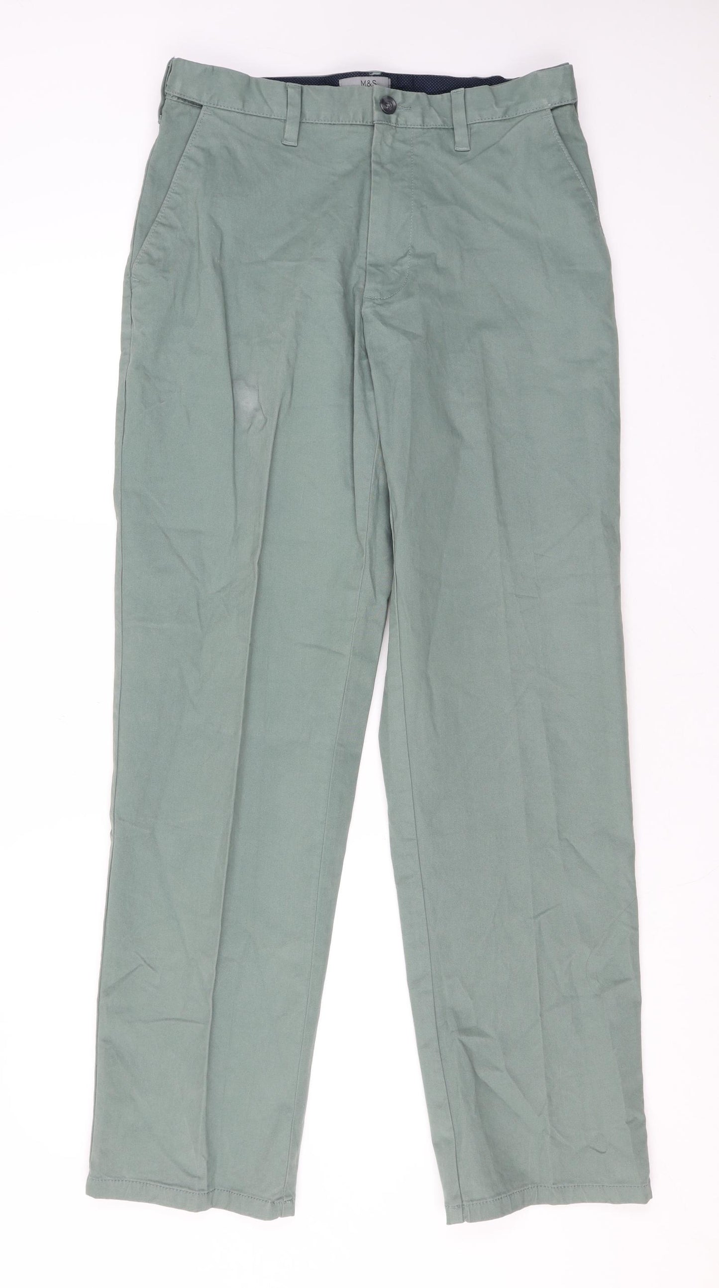 Marks and Spencer Mens Green Cotton Chino Trousers Size 32 in L30 in Regular Zip