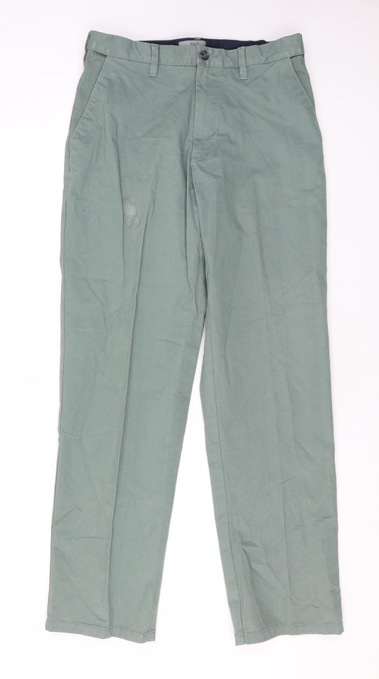 Marks and Spencer Mens Green Cotton Chino Trousers Size 32 in L30 in Regular Zip