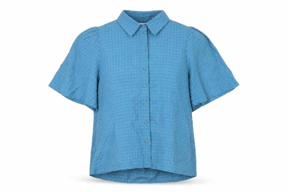 Front view of Selected Femme women’s blue check polyester basic button-up, size UK 14, collared