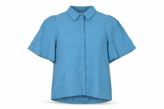 Front view of Selected Femme women’s blue check polyester basic button-up, size UK 14, collared