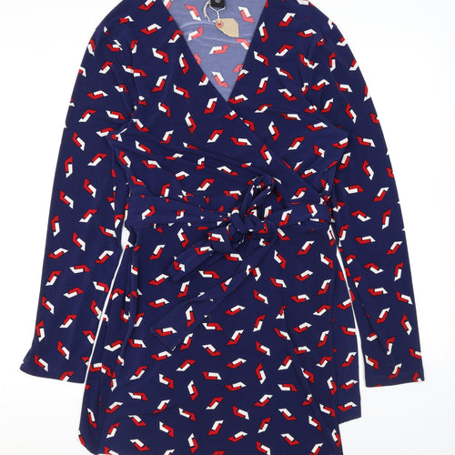 Moda Womens Blue Geometric Polyester Wrap Dress Size XL V-Neck Tie