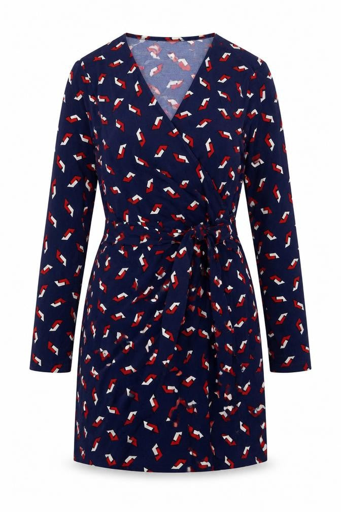 Front view of Moda women’s blue geometric polyester wrap dress, size XL, v-neck tie