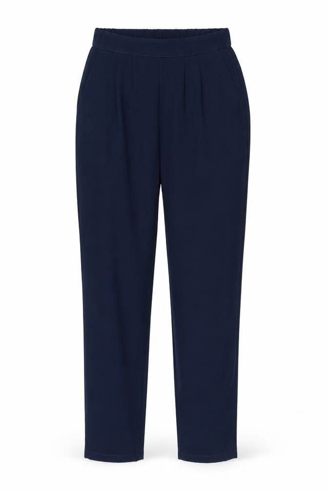 Front view of And Less women’s blue polyester trousers, size UK 8, 28-inch leg regular