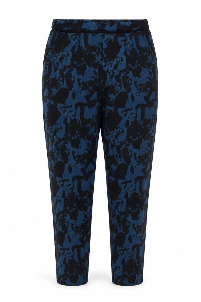 Front view of ICHI women’s blue geometric polyester trousers, size S, 28-inch leg regular