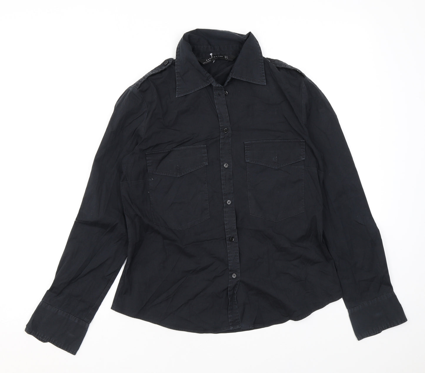 Zara Womens Black Cotton Basic Button-Up Size M Collared