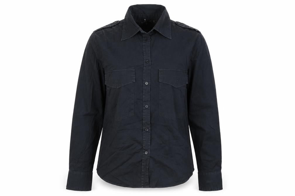 Front view of Zara women’s black cotton basic button-up, size M, collared