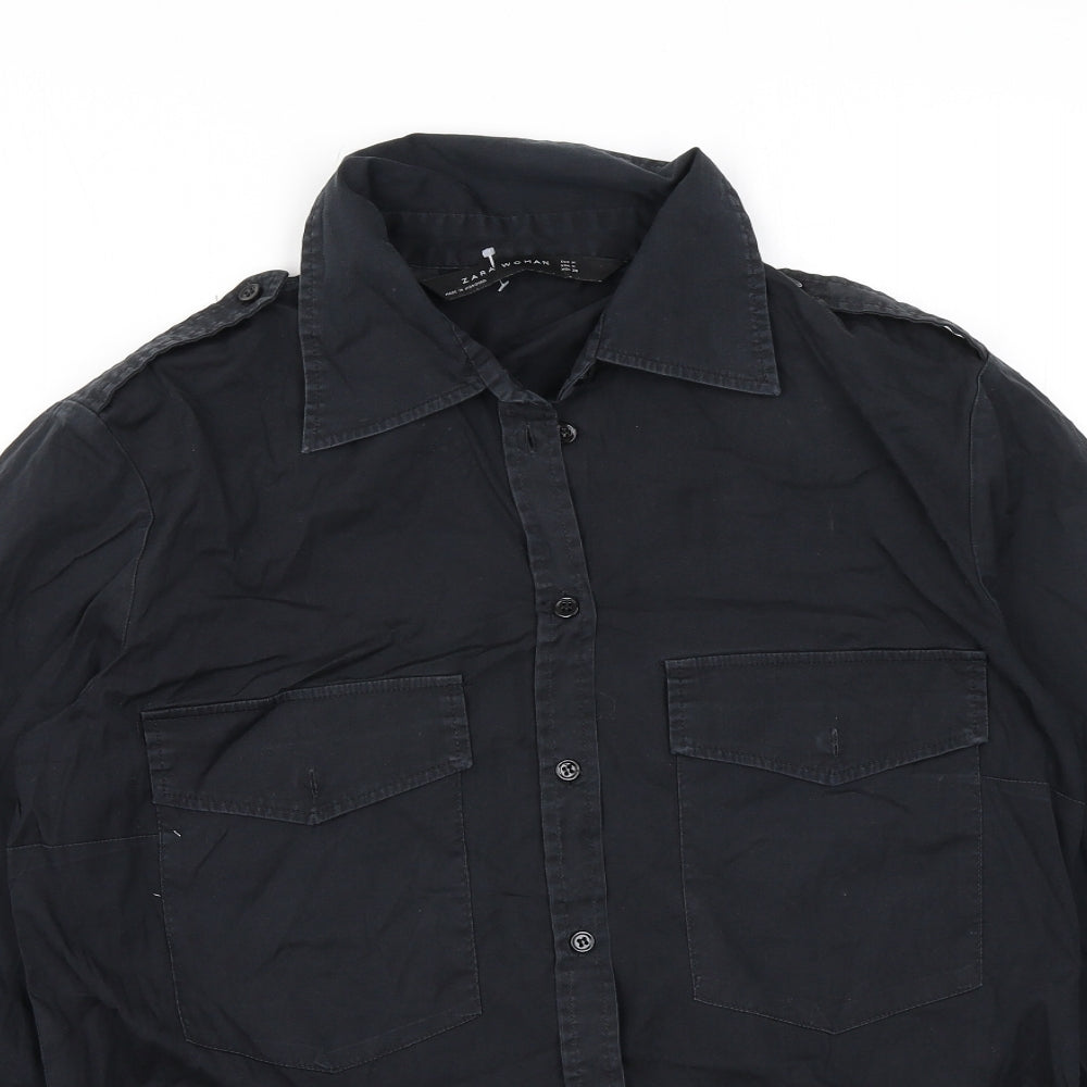 Zara Womens Black Cotton Basic Button-Up Size M Collared