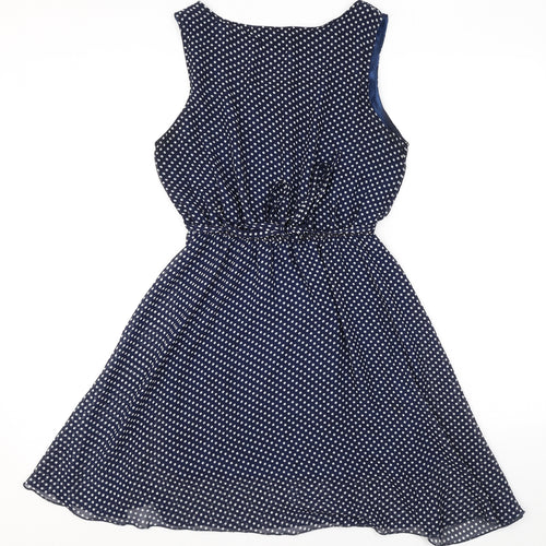 Ravi Famous Womens Blue Polka Dot Polyester A-Line Size S Scoop Neck Tie