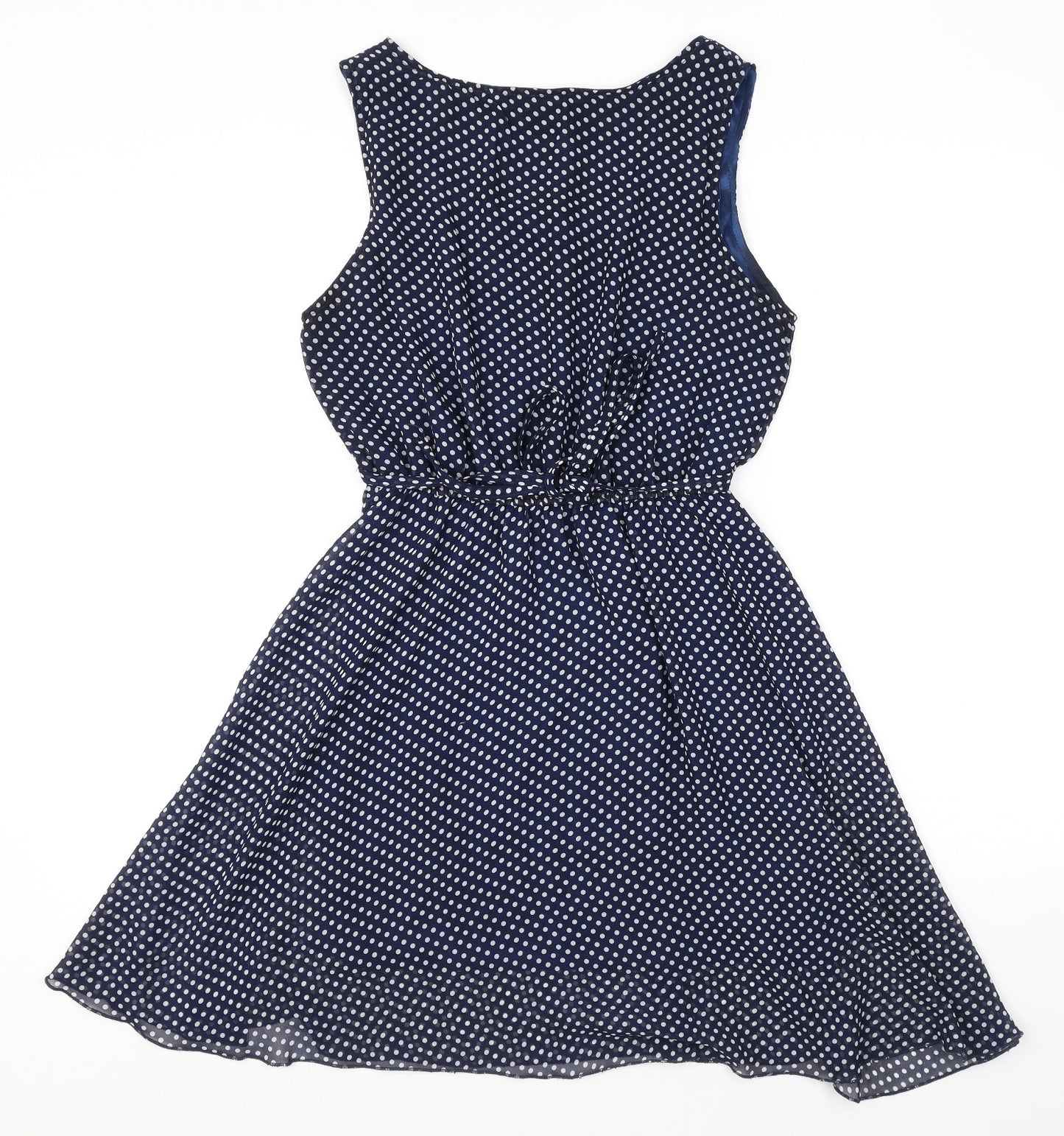 Ravi Famous Womens Blue Polka Dot Polyester A-Line Size S Scoop Neck Tie