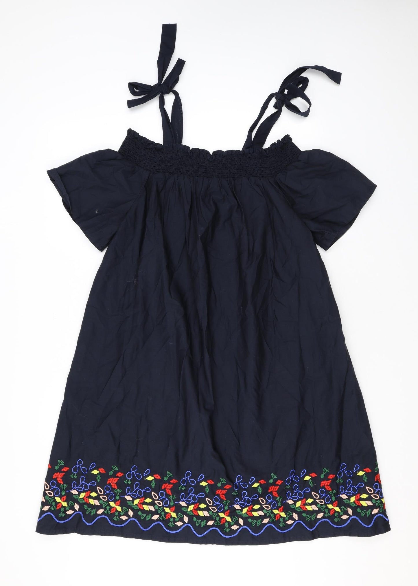 Marks and Spencer Womens Black Floral Cotton A-Line Size 16 Off the Shoulder Pullover - Embroidery Cold Shoulder