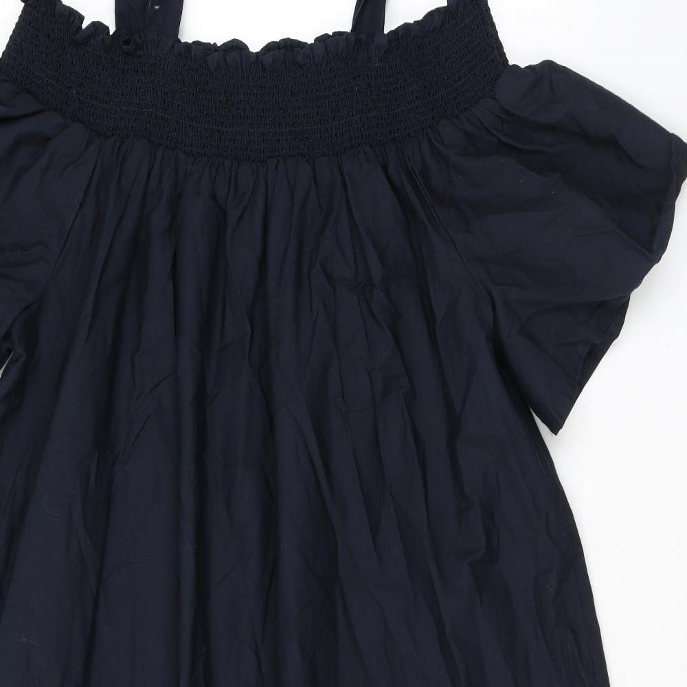 Marks and Spencer Womens Black Floral Cotton A-Line Size 16 Off the Shoulder Pullover - Embroidery Cold Shoulder