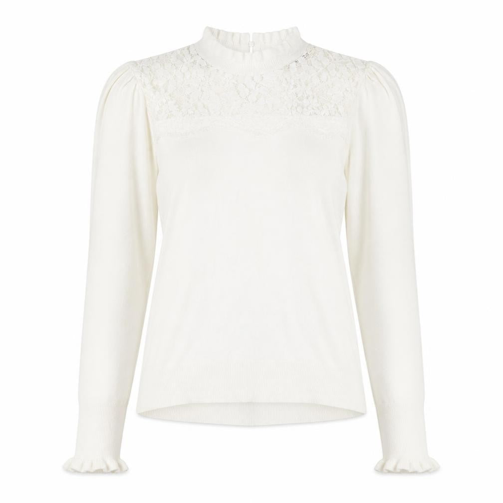 Front view of Oasis women’s white mock neck viscose jumper, size XS, - lace