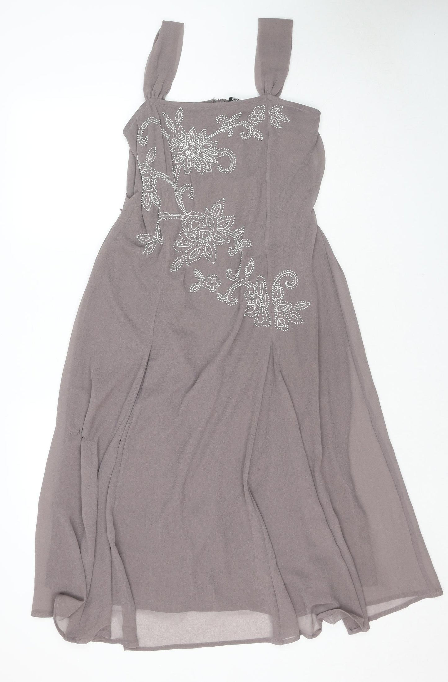 Joanna Hope Womens Beige Polyester Tank Dress Size 14 Square Neck Zip - Beaded Flower Detail