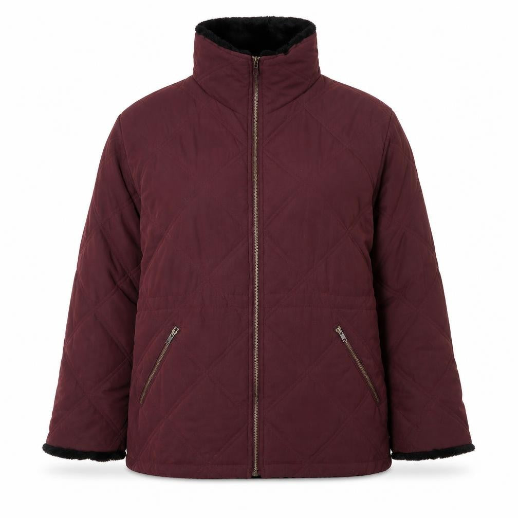 Front view of Etam women’s red quilted jacket, size UK 12, zip