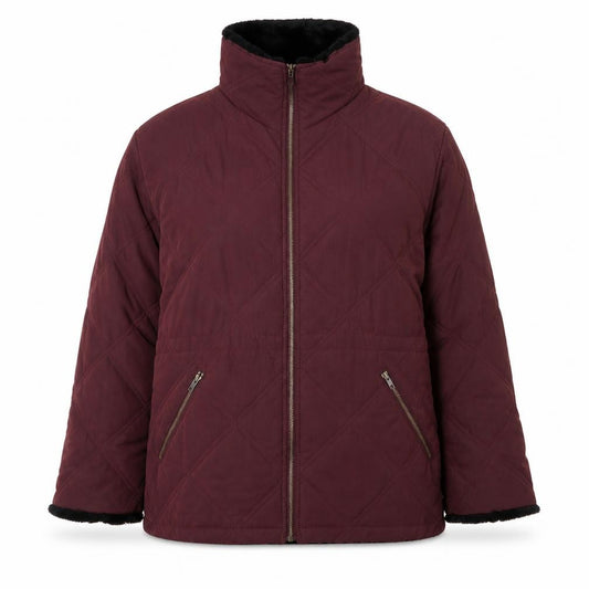 Front view of Etam women’s red quilted jacket, size UK 12, zip