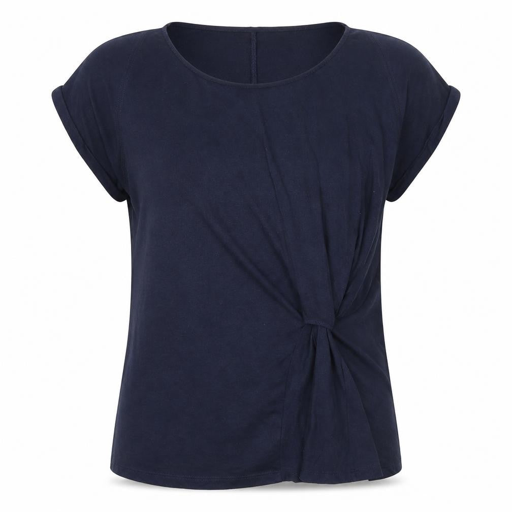 Front view of John Lewis women’s blue polyester basic t-shirt, size UK 14, round neck - knot detail