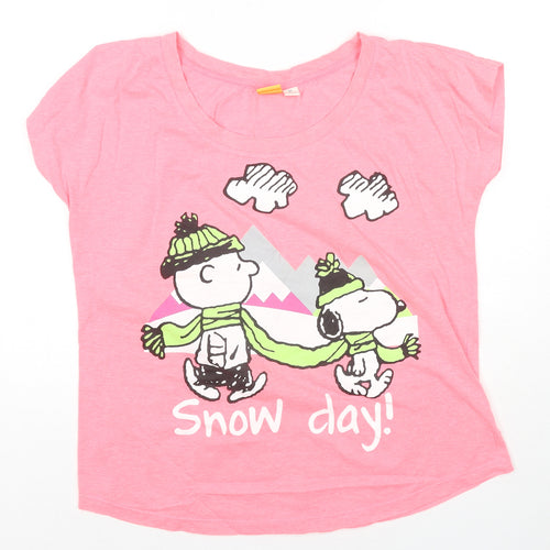Peanuts Womens Pink Cotton Basic T-Shirt Size 14 Round Neck - Size 14-16 Snoopy Snow Day